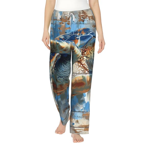 Uemuo Abstract Sea Turtle Pattern Women's Wide Leg Palazzo Lounge Pants with Pockets Light Weight Loose Comfy Casual Pajama Pants-Small