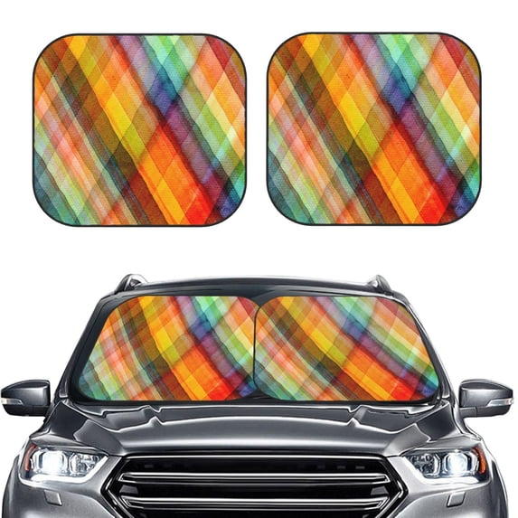Uemuo Abstract Watercolors Tartan Printed 2 PCS Car Windshield Sun Shade, Auto Sun Heat and UV Rays Blocker, Foldable Automotive Front Window Sunshade Protector