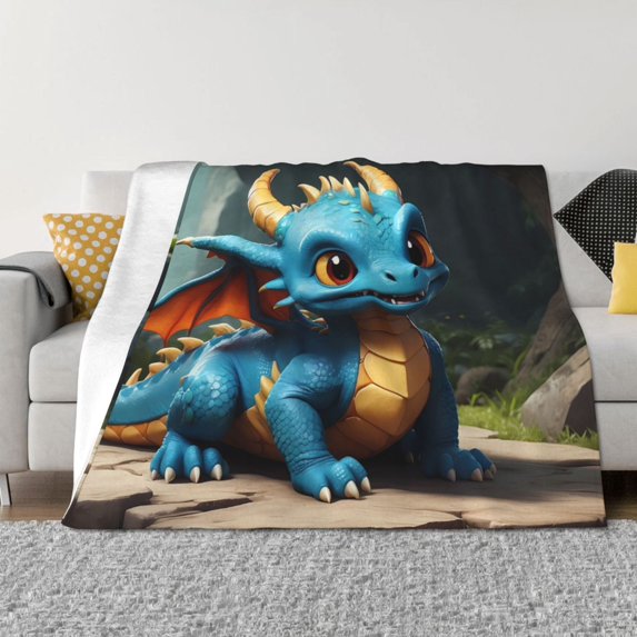 Uemuo Adorable Blue Baby Dragon Printed Throw Blanket for Couch, Fluffy Fuzzy Blankets for Bed, Sofa, Cozy Flannel Faux Fur Blanket-50"x40"