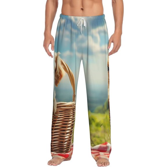 Uemuo Adorable Puppy Basket Pattern Men's Wide Leg Palazzo Lounge Pants with Pockets Light Weight Loose Comfy Casual Pajama Pants-Small
