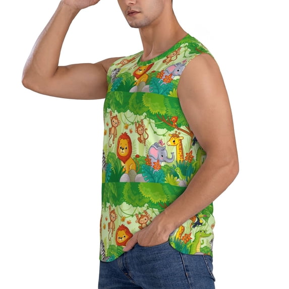 Uemuo African Animals in the Jungle Pattern Men's Sleeveless T-Shirt,Muscle Athletic Tank Top, Moisture-wicking Quick-dry Breathable Classic Tee Top for Gym Run Outdoor Sports-XX-Large