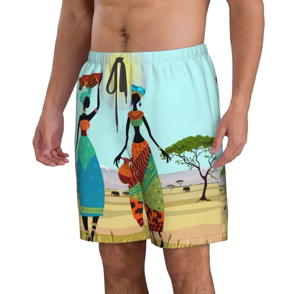 Uemuo African Women Pattern Men's Swim Trunks Hawaiian Beach Bathing Suit Swimsuits Beach Quick-Dry Shorts with Pockets-3X-Large