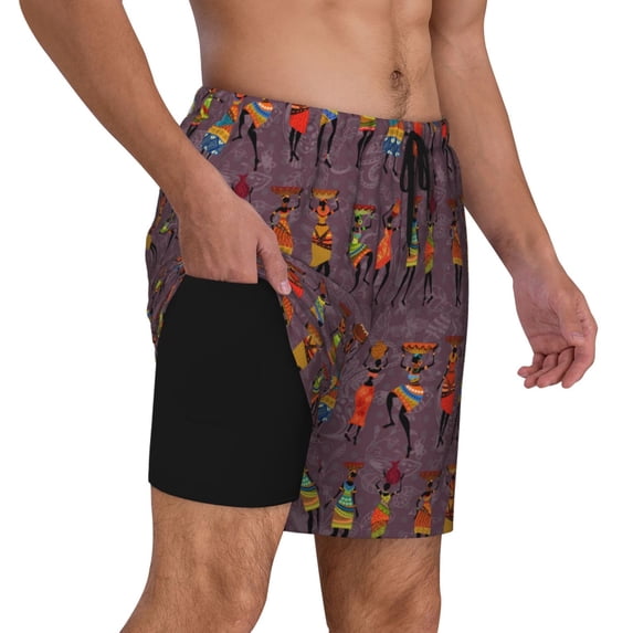 Uemuo African Women Pattern Mens Swim Trunks Quick Dry Board Shorts with Mesh Lining, Stretch Beach Shorts Quick Dry No-Chafing Board Shorts-Medium