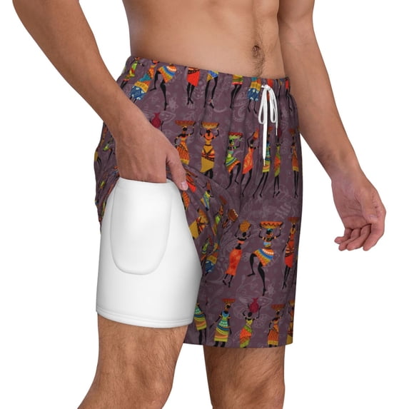 Uemuo African Women Pattern Mens Swim Trunks Quick Dry Board Shorts with Mesh Lining, Stretch Beach Shorts Quick Dry No-Chafing Board Shorts-XX-Large