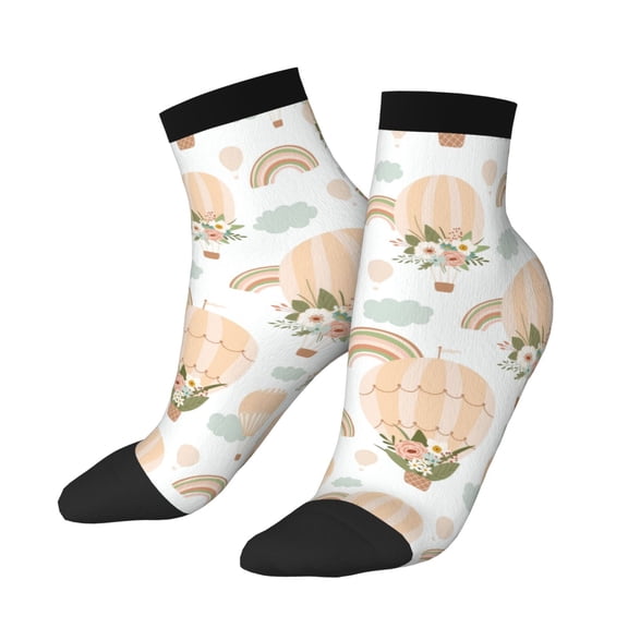 Uemuo Air Balloon and Flower Printed Crew Socks, Moisture-Wicking Socks, Athletic Socks for Men Breathable Cushion Socks Casual Sport Socks for Running Traveling