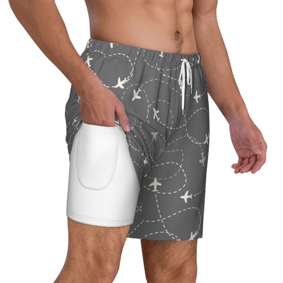 Uemuo Airplane Routes Around The World Pattern Mens Swim Trunks Quick Dry Board Shorts with Mesh Lining, Stretch Beach Shorts Quick Dry No-Chafing Board Shorts-XX-Large