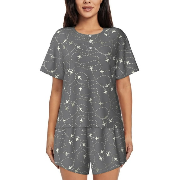Uemuo Airplane Routes Around The World Pattern Women's Short-Sleeved Pajama, Button-Front Loungewear, 2-Piece Summer Sleepwear, Elastic Drawstring Shorts-Large