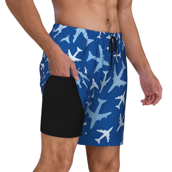 Uemuo Airplanes in the Sky Pattern Mens Swim Trunks Quick Dry Board Shorts with Mesh Lining, Stretch Beach Shorts Quick Dry No-Chafing Board Shorts-Large