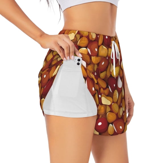 Uemuo Almond Nuts Pattern Women's Athletic Shorts High Waisted Running Shorts with Liner Pockets Gym Elastic Workout Shorts-X-Large