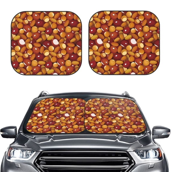 Uemuo Almond Nuts Printed 2 PCS Car Windshield Sun Shade, Auto Sun Heat and UV Rays Blocker, Foldable Automotive Front Window Sunshade Protector