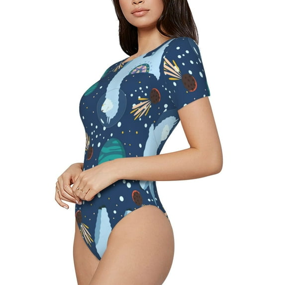 Uemuo Alpaca Astronaut in Space Pattern Women's One Piece Short Sleeve Swimsuit Rash Guard Surfing Modest Quick-drying Swimsuit Beach Essentials-Large