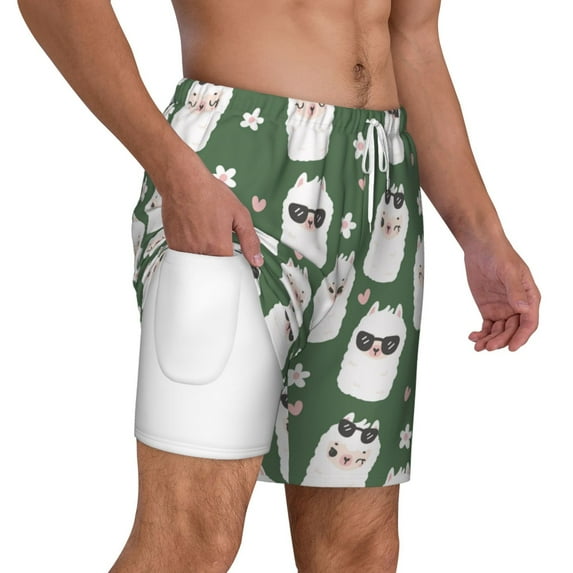 Uemuo Alpaca Faces Pattern Mens Swim Trunks Quick Dry Board Shorts with Mesh Lining, Stretch Beach Shorts Quick Dry No-Chafing Board Shorts-Large