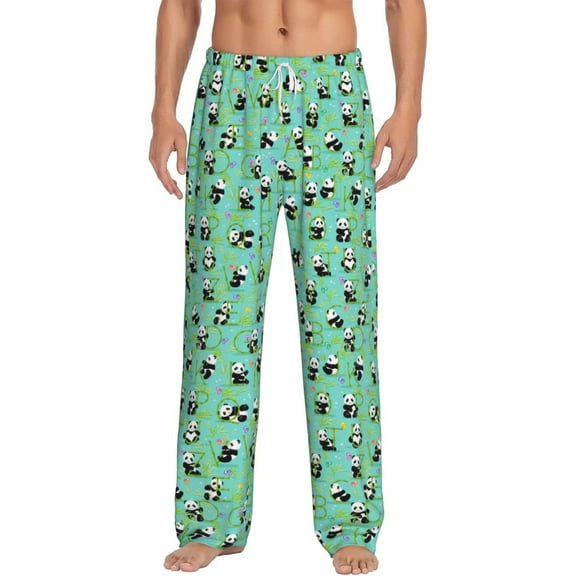 Uemuo Alphabet And Panda Pattern Men's Wide Leg Palazzo Lounge Pants with Pockets Light Weight Loose Comfy Casual Pajama Pants-Medium