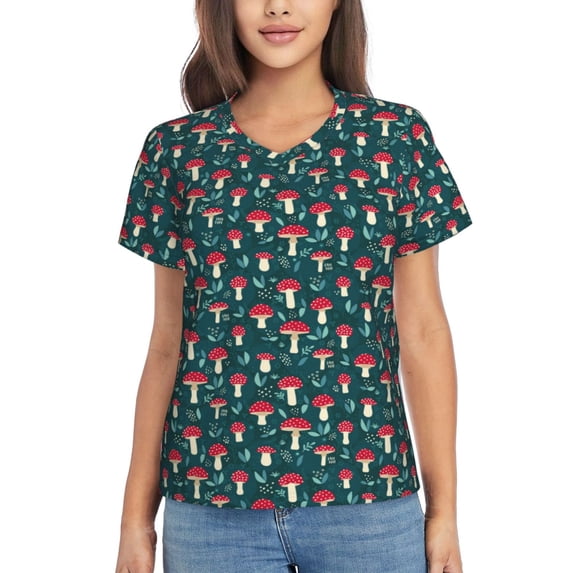 Uemuo Amanita Mushroom Printed Women's Classic V-Neck T-Shirt - Soft, Breathable, Moisture-Wicking, Perfect for Casual, Office, Travel, and Everyday Wear-Small