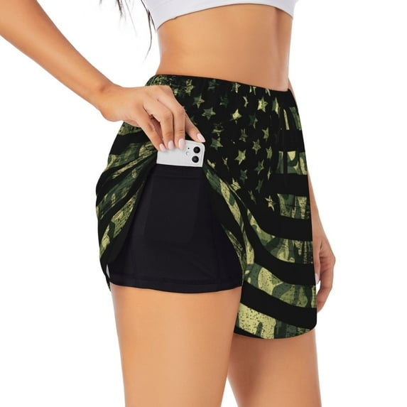 Uemuo American Flag Camo Pattern Women's Athletic Shorts High Waisted Running Shorts with Liner Pockets Gym Elastic Workout Shorts-