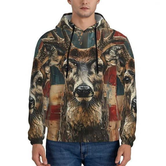 Uemuo American Flag Deer Art Pattern Men's Hoodie - Casual Pullover Hoodie with Kangaroo Pocket, Stylish Hooded Sweatshirt for Everyday Wear-Small