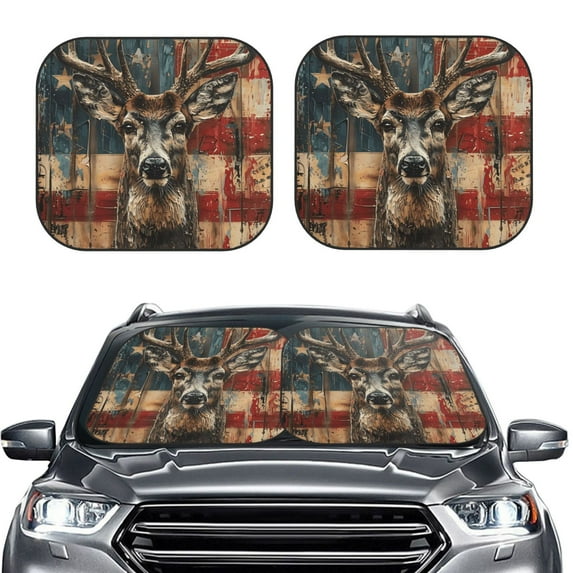 Uemuo American Flag Deer Art Printed 2 PCS Car Windshield Sun Shade, Auto Sun Heat and UV Rays Blocker, Foldable Automotive Front Window Sunshade Protector