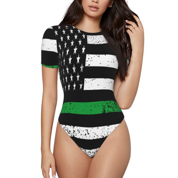 Uemuo American Flag Pattern Women's One Piece Short Sleeve Swimsuit Rash Guard Surfing Modest Quick-drying Swimsuit Beach Essentials-Small