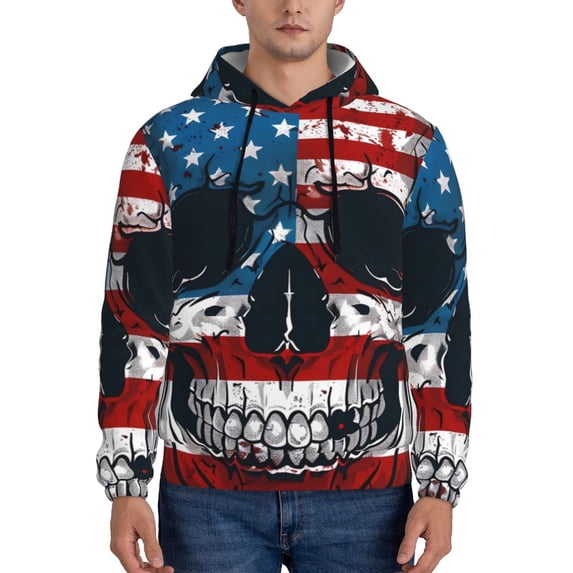 Uemuo American Flag Skull Pattern Men's Hoodie - Casual Pullover Hoodie with Kangaroo Pocket, Stylish Hooded Sweatshirt for Everyday Wear-XX-Large