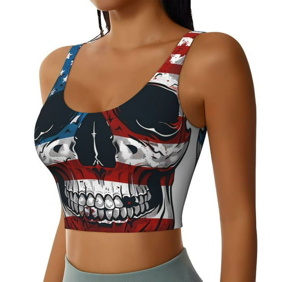 Uemuo American Flag Skull Pattern Women's Sports Bra - High Impact Support, Breathable, and Comfortable Athletic Bra for Running, Yoga, and Workouts