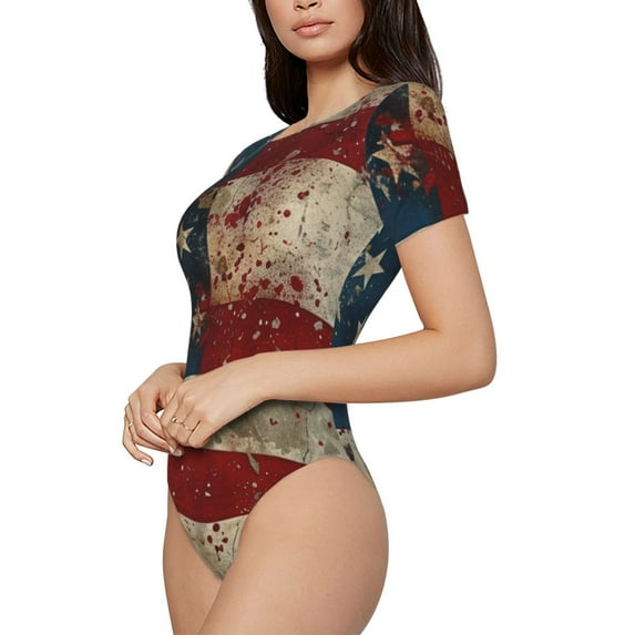 Uemuo American Flag1 Pattern Women's One Piece Short Sleeve Swimsuit Rash Guard Surfing Modest Quick-drying Swimsuit Beach Essentials-Large