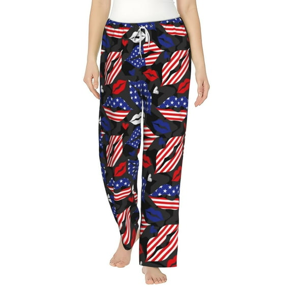 Uemuo American With Lips Pattern Women's Wide Leg Palazzo Lounge Pants with Pockets Light Weight Loose Comfy Casual Pajama Pants-Small