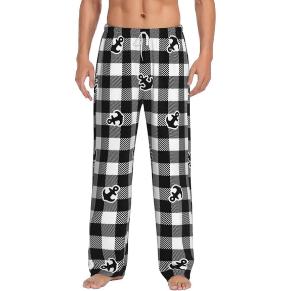 Uemuo Anchor Black Tartan Plaid Pattern Men's Wide Leg Palazzo Lounge Pants with Pockets Light Weight Loose Comfy Casual Pajama Pants-Medium