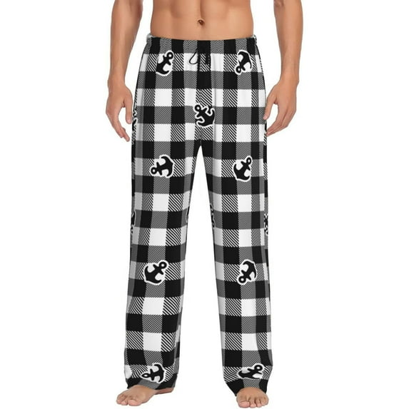 Uemuo Anchor Black Tartan Plaid Pattern Men's Wide Leg Palazzo Lounge Pants with Pockets Light Weight Loose Comfy Casual Pajama Pants-Medium