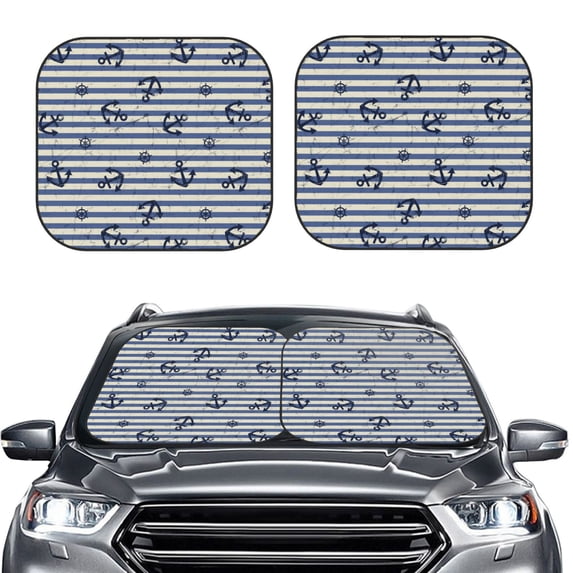 Uemuo Anchors And Steering Wheel Printed 2 PCS Car Windshield Sun Shade, Auto Sun Heat and UV Rays Blocker, Foldable Automotive Front Window Sunshade Protector
