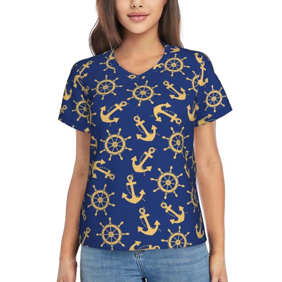 Uemuo Anchors and Nautical Printed Women's Classic V-Neck T-Shirt - Soft, Breathable, Moisture-Wicking, Perfect for Casual, Office, Travel, and Everyday Wear-Small