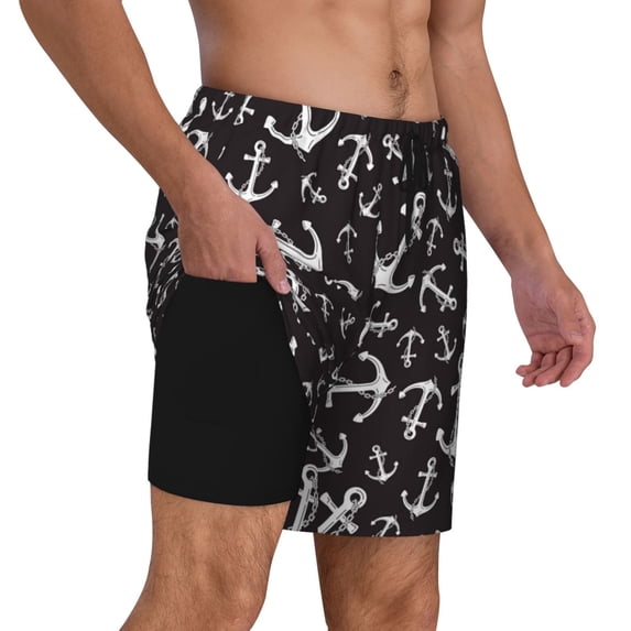 Uemuo Anchors Pattern Mens Swim Trunks Quick Dry Board Shorts with Mesh Lining, Stretch Beach Shorts Quick Dry No-Chafing Board Shorts-Large
