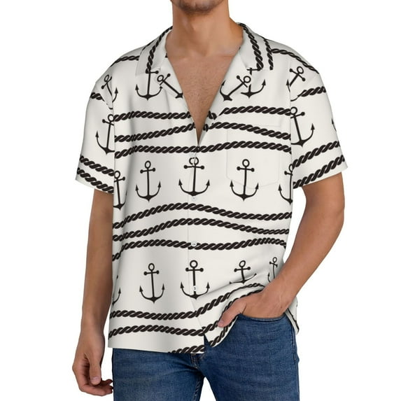 Uemuo Anchors and Ropes Pattern Cotton Linen Short Sleeve Shirts,Casual Lightweight Button Down Shirts,Vacation Beach Summer Tops-3X-Large