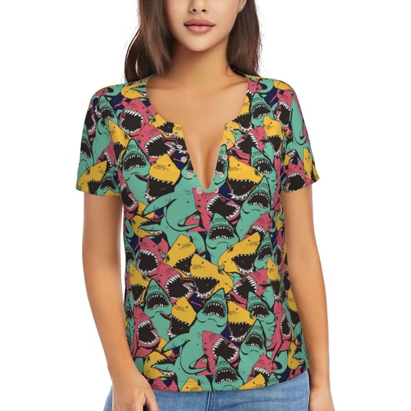 Uemuo Angry Shark Pattern Drawing Women's Deep V-Neck Low Cut Tops - Casual Loose Fit with Stainless Steel Loop, Soft, Breathable, Perfect for Office, Travel, and Daily Wear-Large
