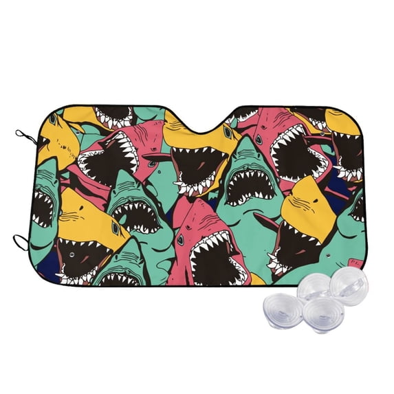 Uemuo Angry Shark Pattern Pattern Accordion Car Windshield Sun Shade, Foldable Reflective Sun Visor for Car, Reflector Windshield Sunshade-Medium