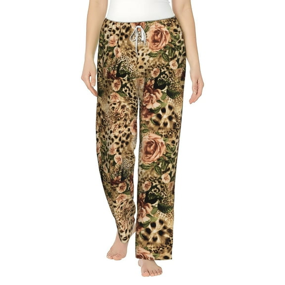 Uemuo Animal Leopard Pattern Women's Wide Leg Palazzo Lounge Pants with Pockets Light Weight Loose Comfy Casual Pajama Pants-Small
