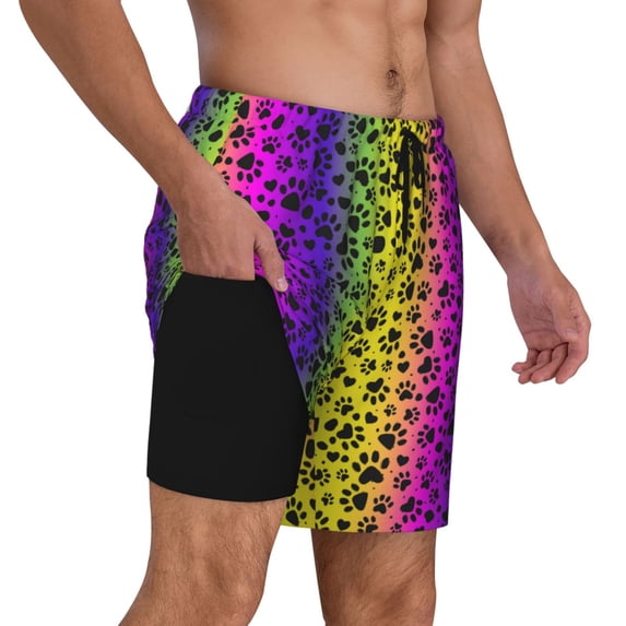 Uemuo Animal Paw Rainbow Pattern Mens Swim Trunks Quick Dry Board Shorts with Mesh Lining, Stretch Beach Shorts Quick Dry No-Chafing Board Shorts-XX-Large