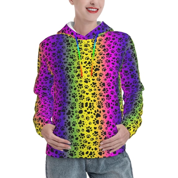 Uemuo Animal Paw Rainbow Pattern Women's Hoodie with Eye-catching Drawstrings- Casual Pullover Hoodie with Kangaroo Pocket, Stylish Hooded Sweatshirt-XX-Large