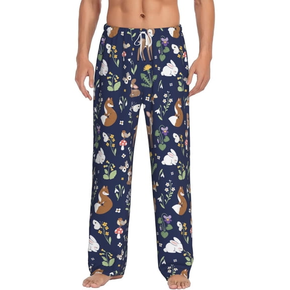 Uemuo Animals And Wildflowers Pattern Men's Wide Leg Palazzo Lounge Pants with Pockets Light Weight Loose Comfy Casual Pajama Pants-Small