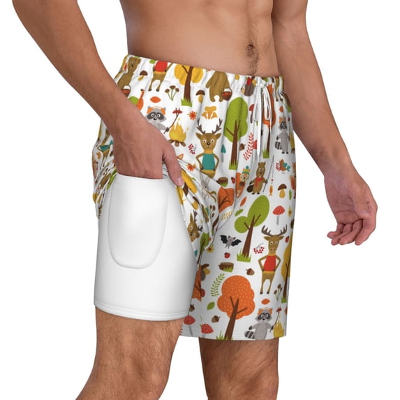 Uemuo Animals Forest Pattern Mens Swim Trunks Quick Dry Board Shorts with Mesh Lining, Stretch Beach Shorts Quick Dry No-Chafing Board Shorts-Medium