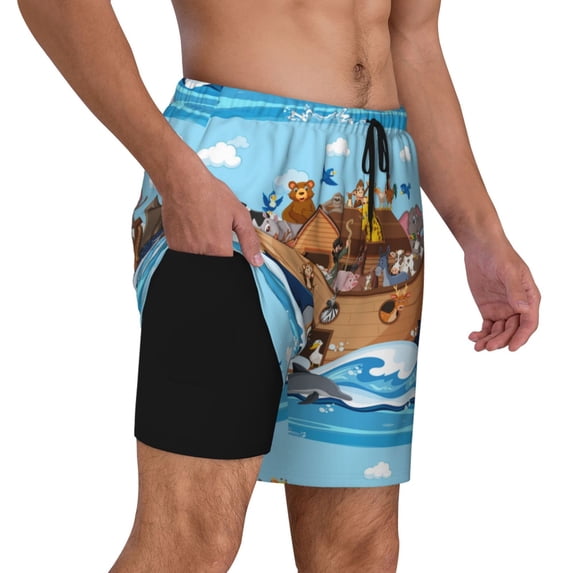 Uemuo Animals on Noah's Ark Floating Pattern Mens Swim Trunks Quick Dry Board Shorts with Mesh Lining, Stretch Beach Shorts Quick Dry No-Chafing Board Shorts-X-Large