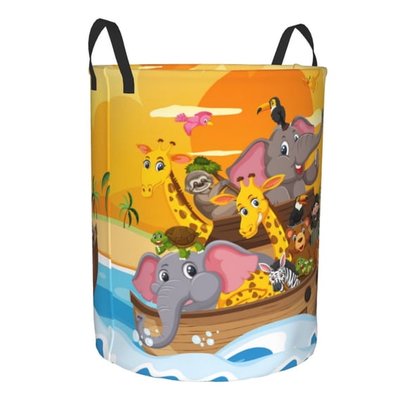 Uemuo Animals on Noah's Ark1 Pattern Circular Laundry Hamper Basket with handles,Collapsible laundry basket,Large capacity laundry hamper,Laundry Organizer-Small