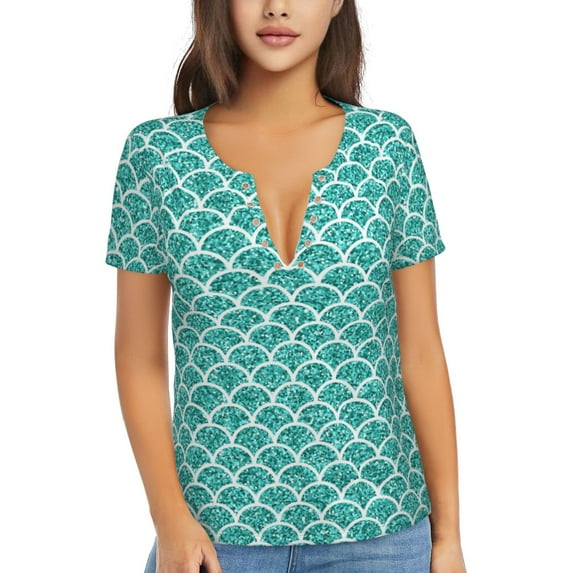 Uemuo Aquamarine Glitter1 Drawing Women's Deep V-Neck Low Cut Tops - Casual Loose Fit with Stainless Steel Loop, Soft, Breathable, Perfect for Office, Travel, and Daily Wear-Large