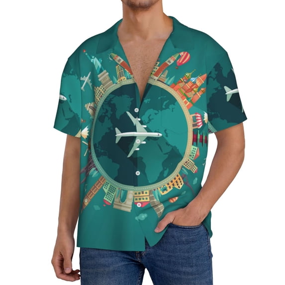 Uemuo Around The Planet Pattern Cotton Linen Short Sleeve Shirts,Casual Lightweight Button Down Shirts,Vacation Beach Summer Tops-XX-Large