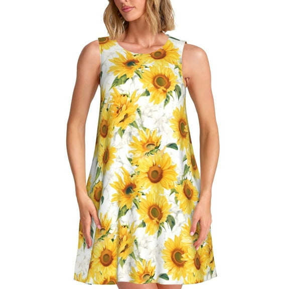 Uemuo Artistic Marble Pattern Sunflower Pattern Women’s Sleeveless Dress – Casual Summer A-Line Dress, Stylish and Comfortable Sundress for Hot Weather