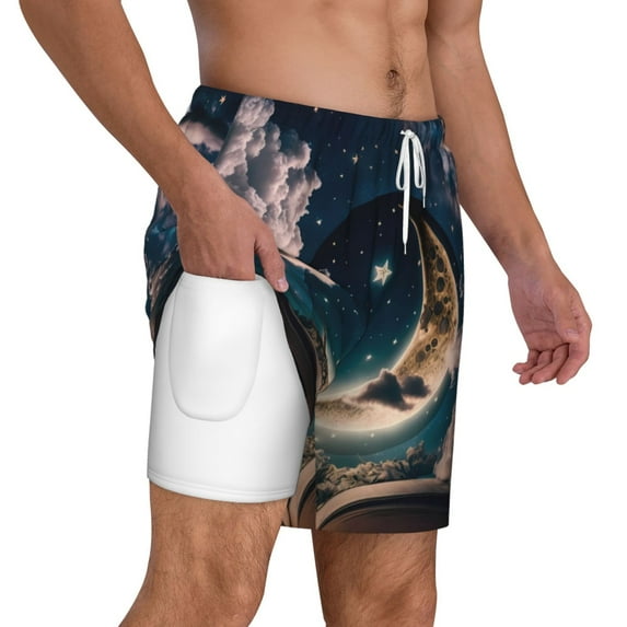 Uemuo Artistic Starry Sky Moon Book Pattern Mens Swim Trunks Quick Dry Board Shorts with Mesh Lining, Stretch Beach Shorts Quick Dry No-Chafing Board Shorts-Small