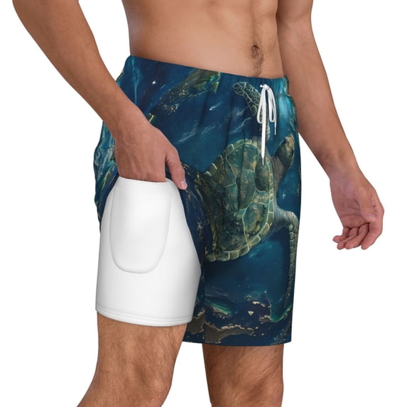 Uemuo Artistic Turtle Earth Pattern Mens Swim Trunks Quick Dry Board Shorts with Mesh Lining, Stretch Beach Shorts Quick Dry No-Chafing Board Shorts-Small