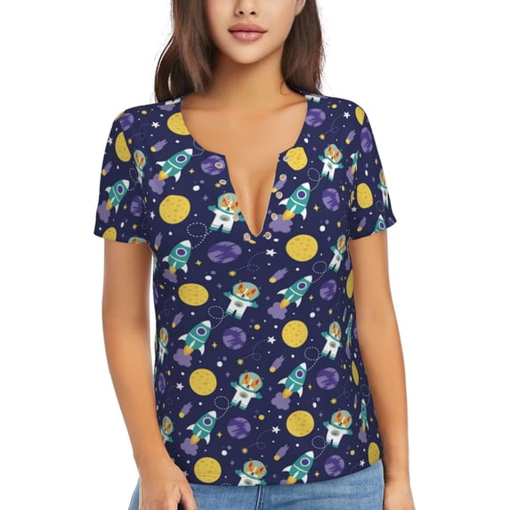 Uemuo Astronaut Corgi Drawing Women's Deep V-Neck Low Cut Tops - Casual Loose Fit with Stainless Steel Loop, Soft, Breathable, Perfect for Office, Travel, and Daily Wear-Small