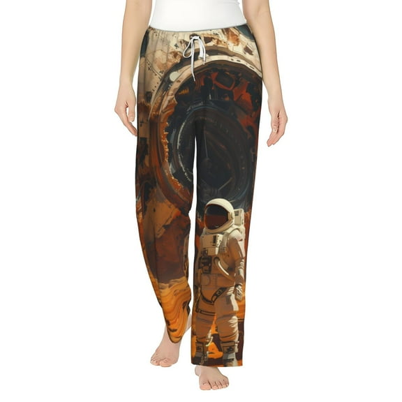 Uemuo Astronaut Exploring Mars Pattern Women's Wide Leg Palazzo Lounge Pants with Pockets Light Weight Loose Comfy Casual Pajama Pants-Small