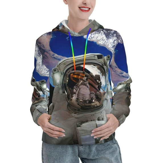 Uemuo Astronaut in Outer Space Pattern Women's Hoodie with Eye-catching Drawstrings- Casual Pullover Hoodie with Kangaroo Pocket, Stylish Hooded Sweatshirt-Medium