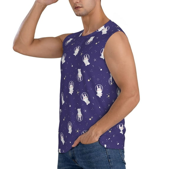 Uemuo Astronaut Rabbit Pattern Men's Sleeveless T-Shirt,Muscle Athletic Tank Top, Moisture-wicking Quick-dry Breathable Classic Tee Top for Gym Run Outdoor Sports-